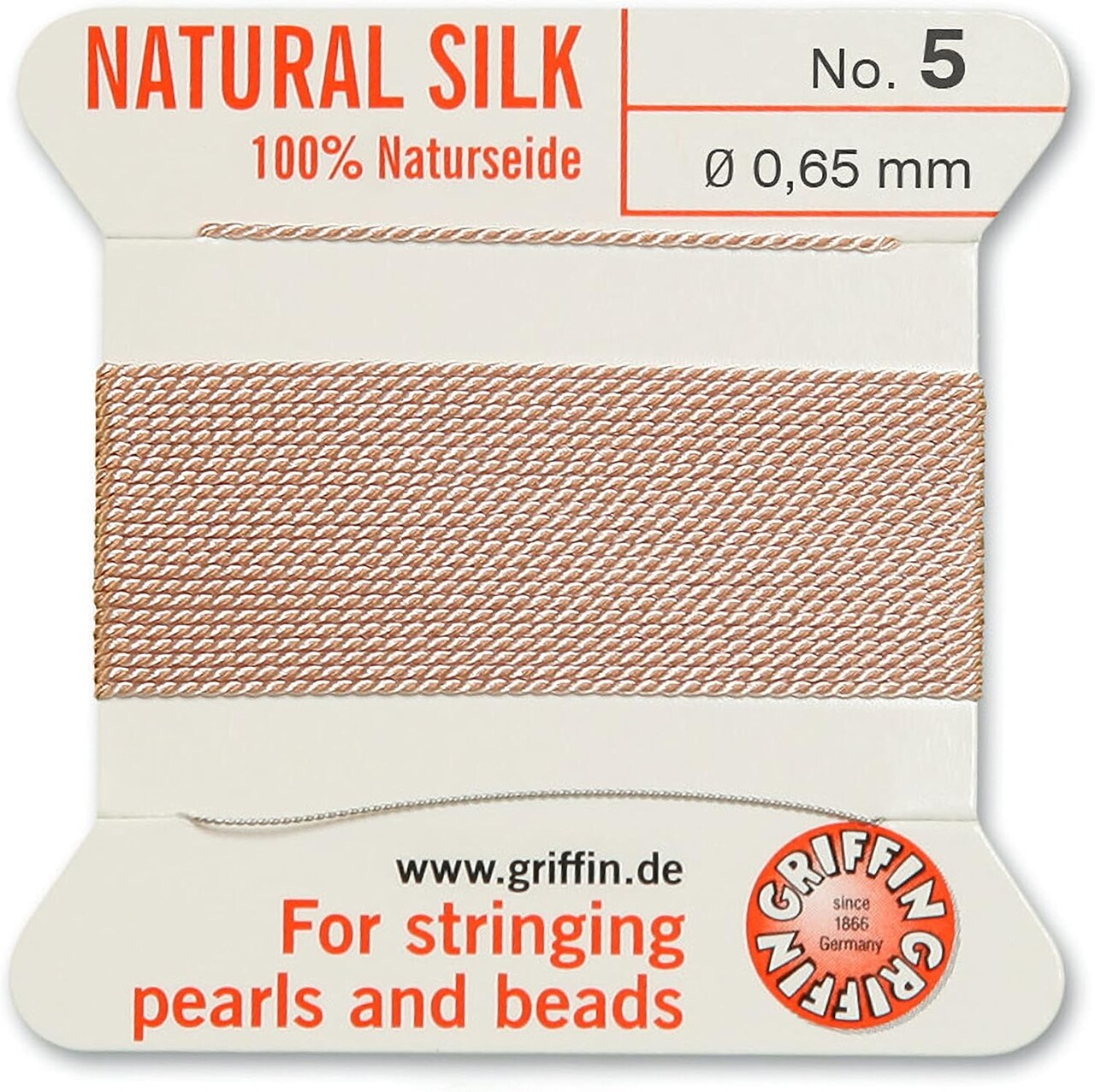 Griffin Silk Bead Cord Perlseide – Size 5 (0.65mm) – 2 Meters per Card – Stainless Steel Needle Attached – for Knotting Pearls, Gemstones, Crystals and Beads
